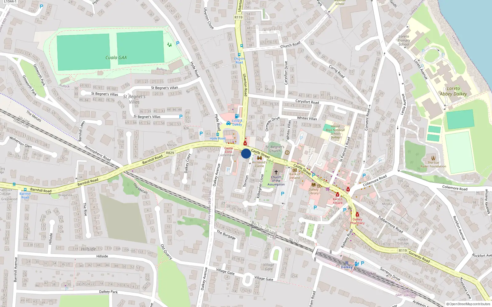 Overhead map showing the location of 59B Castle St, Dalkey, Dublin