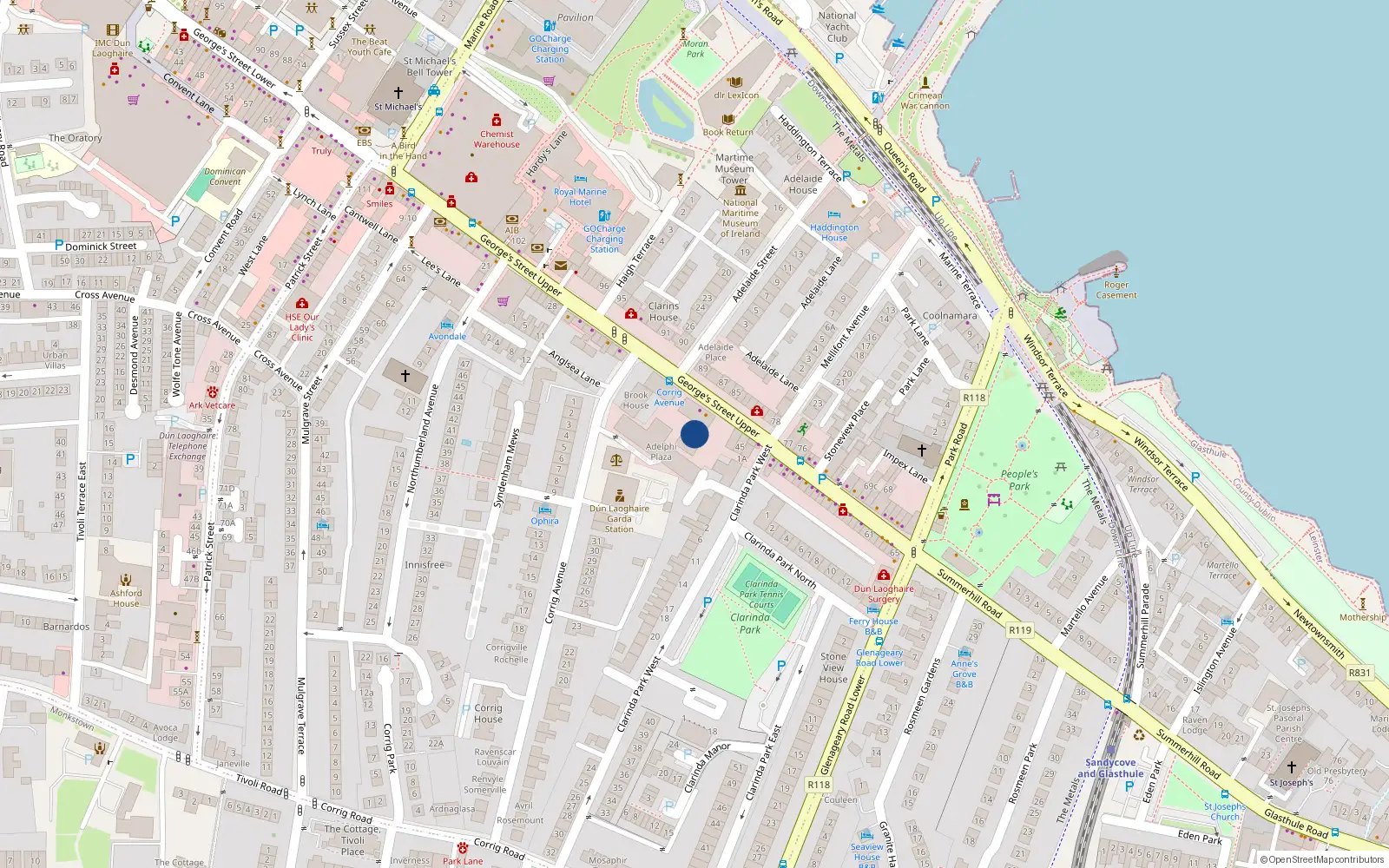 Overhead map showing the location of 6 Adelphi House, Georges St Upper, Dun Laoghaire