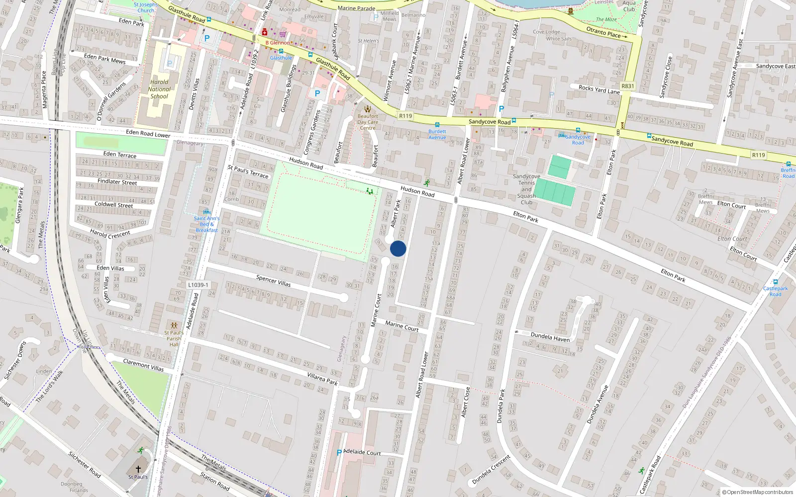 Overhead map showing the location of 6 Albert Park, Sandycove, Co Dublin