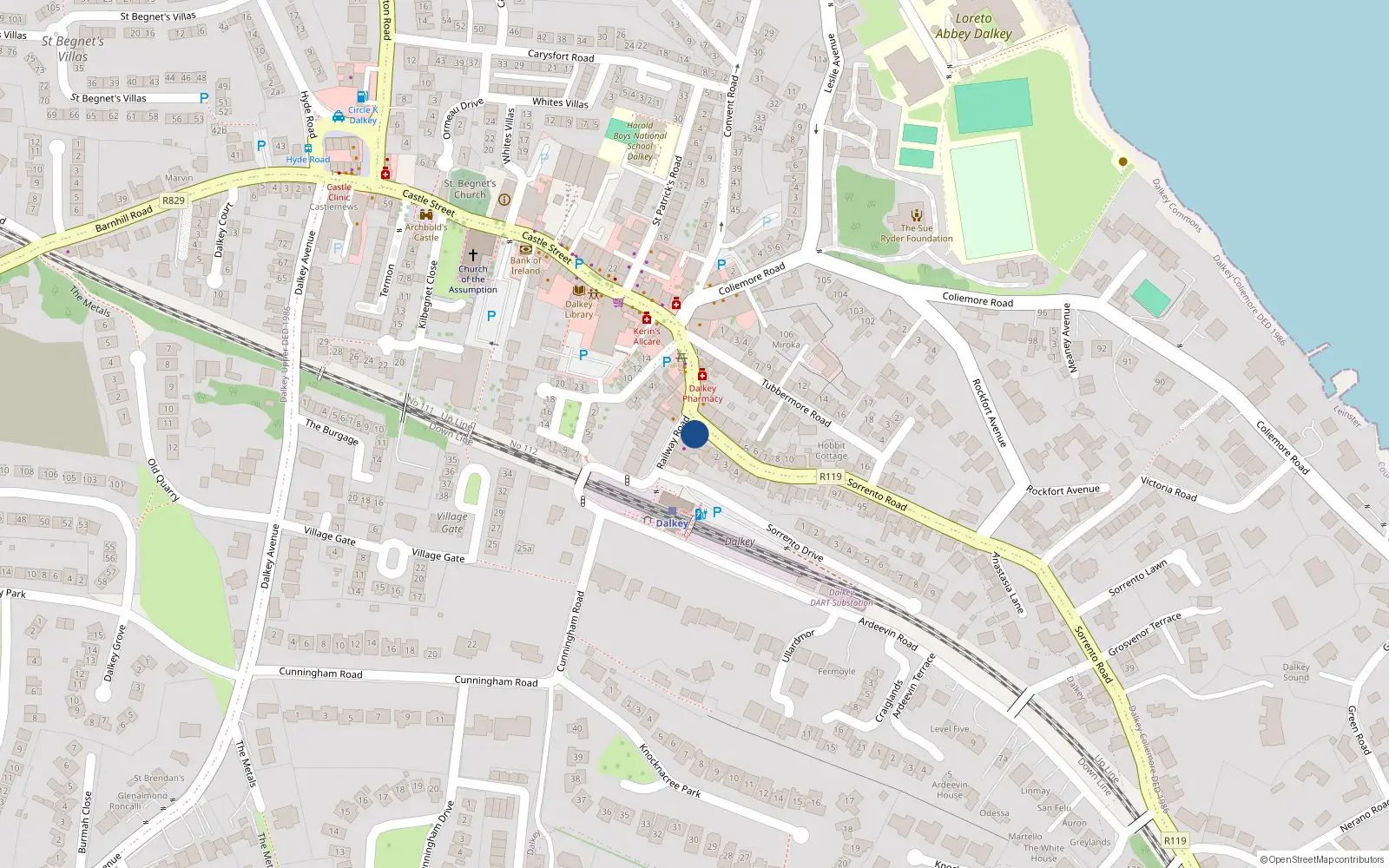 Overhead map showing the location of 6A Railway Road, Dalkey