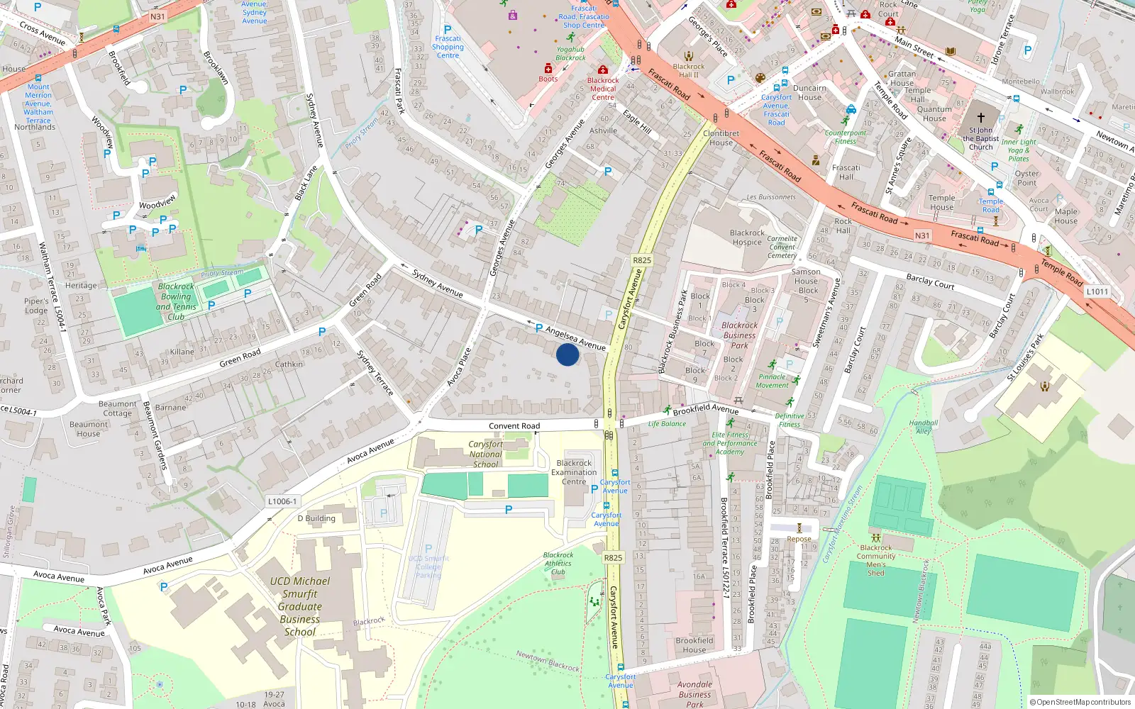 Overhead map showing the location of 6 Anglesea Avenue, Blackrock