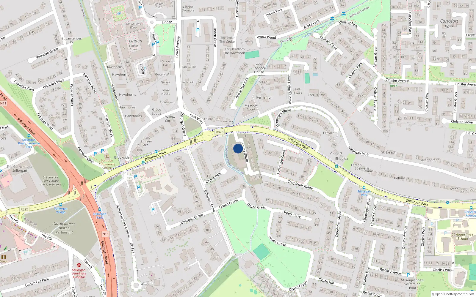 Overhead map showing the location of 6 Ard na Glaise, Stillorgan Park, Blackrock
