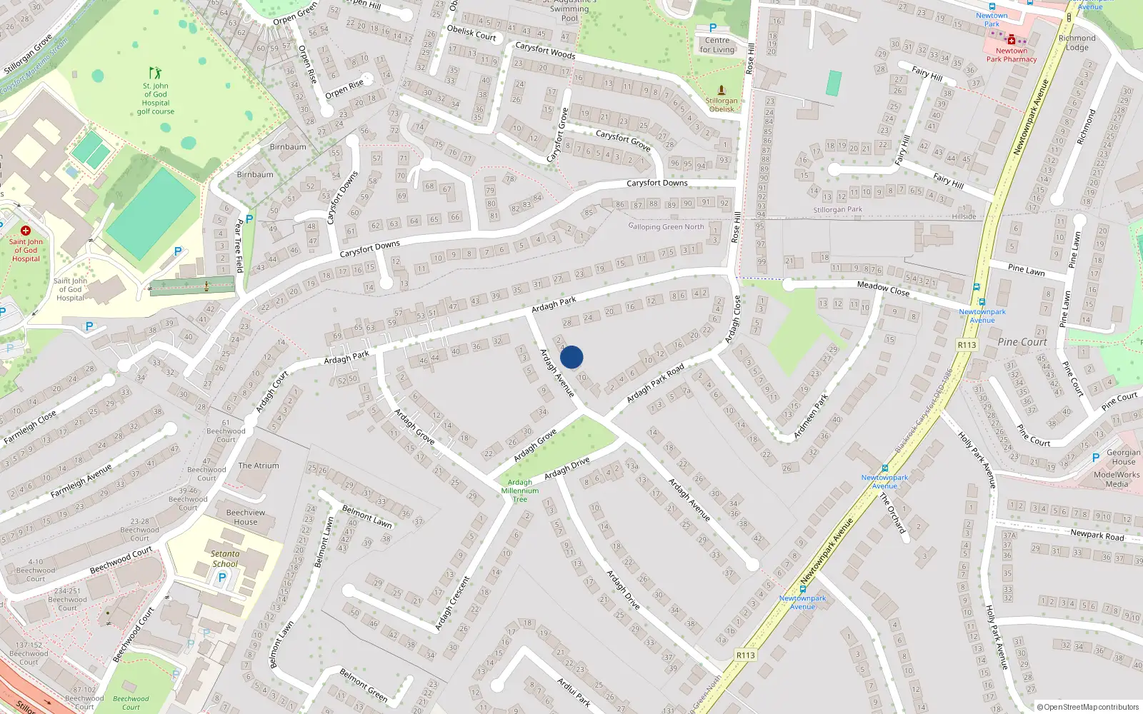 Overhead map showing the location of 6 Ardagh Avenue, Blackrock
