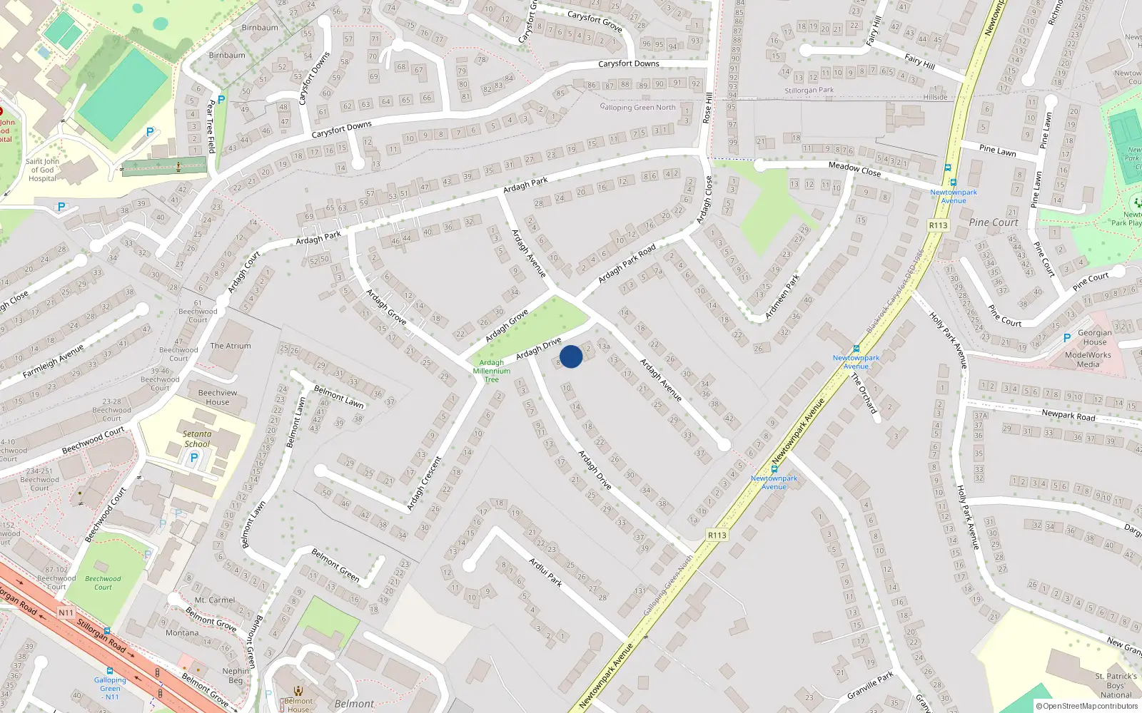 Overhead map showing the location of 6 Ardagh Drive, Blackrock