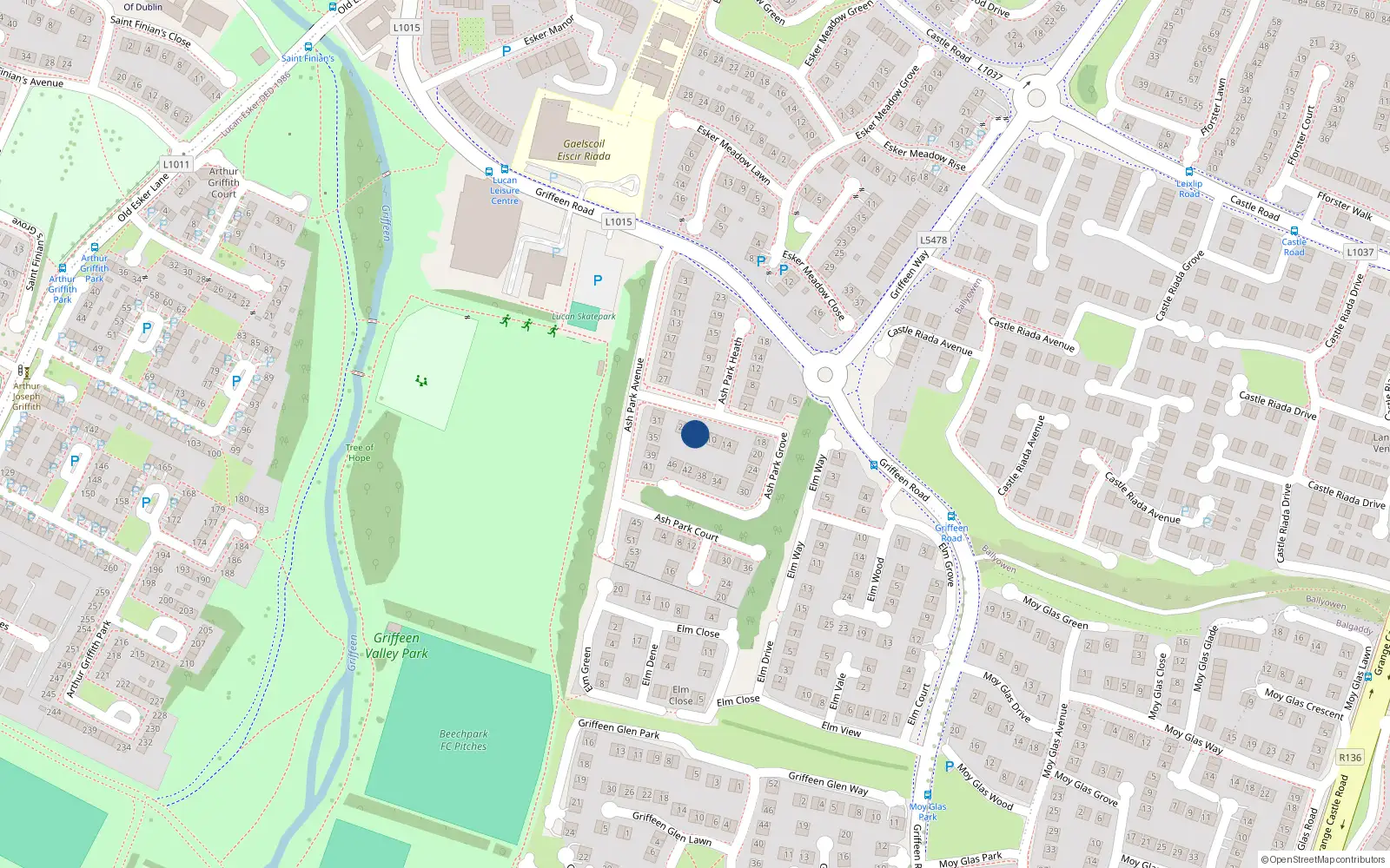Overhead map showing the location of 6 Ashpark Grove, Lucan, Dublin