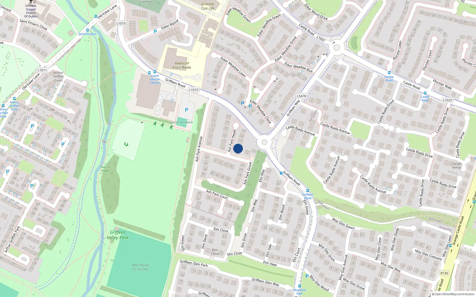 Overhead map showing the location of 6 Ashpark Heath, Lucan, Dublin