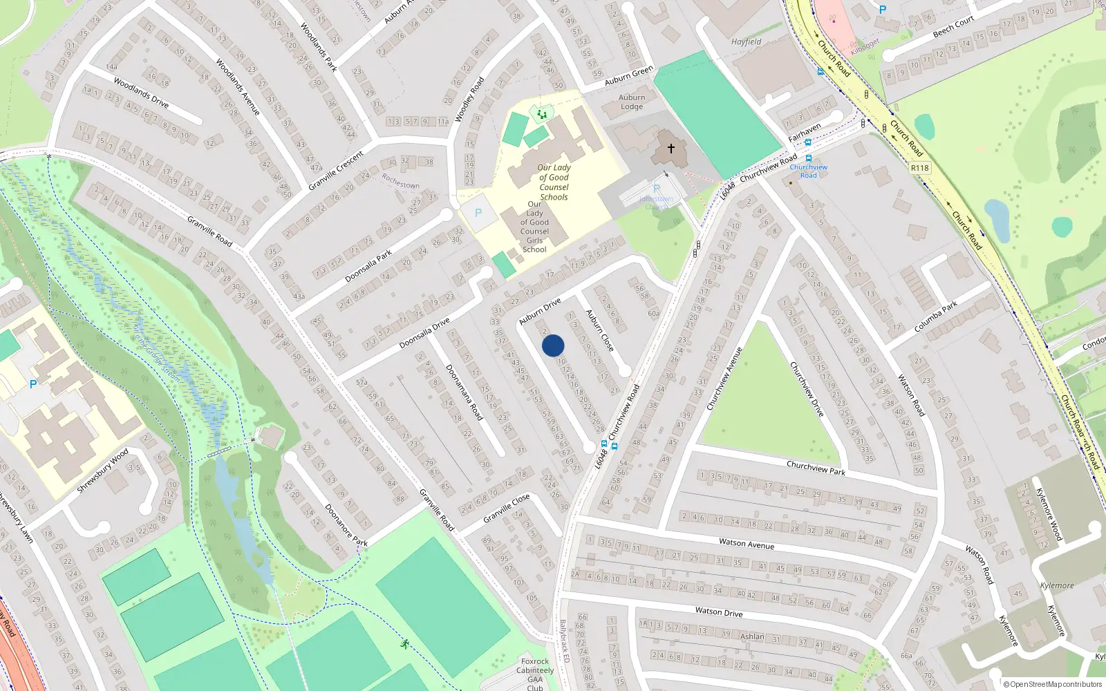Overhead map showing the location of 6 Auburn Drive, Ballybrack