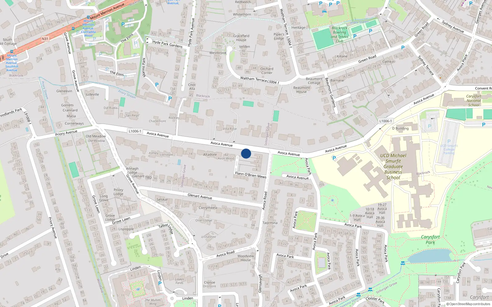 Overhead map showing the location of 6 Avoca Avenue, Blackrock