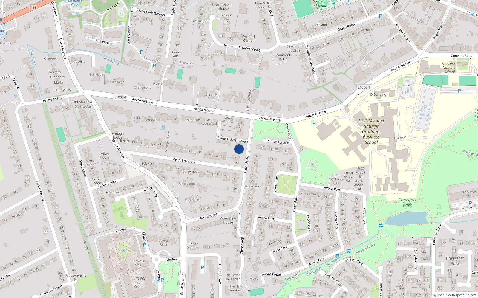 Overhead map showing the location of 6 Avoca Road, Blackrock