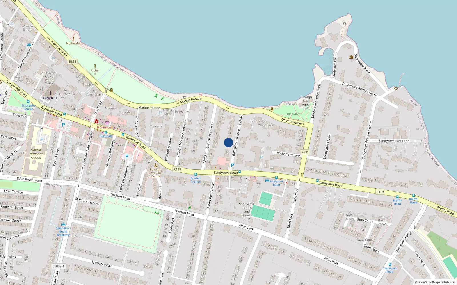 Overhead map showing the location of 6 Ballygihen Avenue, Dublin