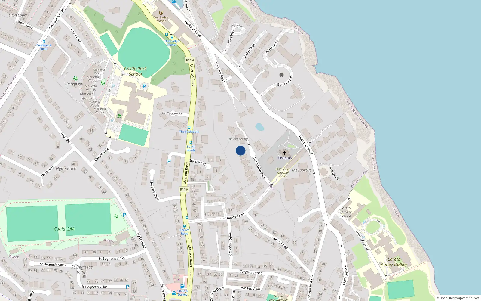 Overhead map showing the location of 6 Barnacoille Park, Dalkey, Dublin