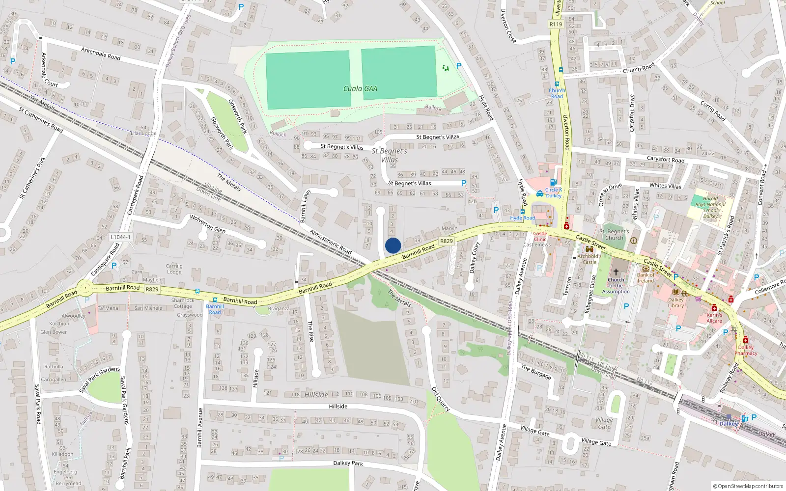 Overhead map showing the location of 6 Barnhill Grove, Dalkey