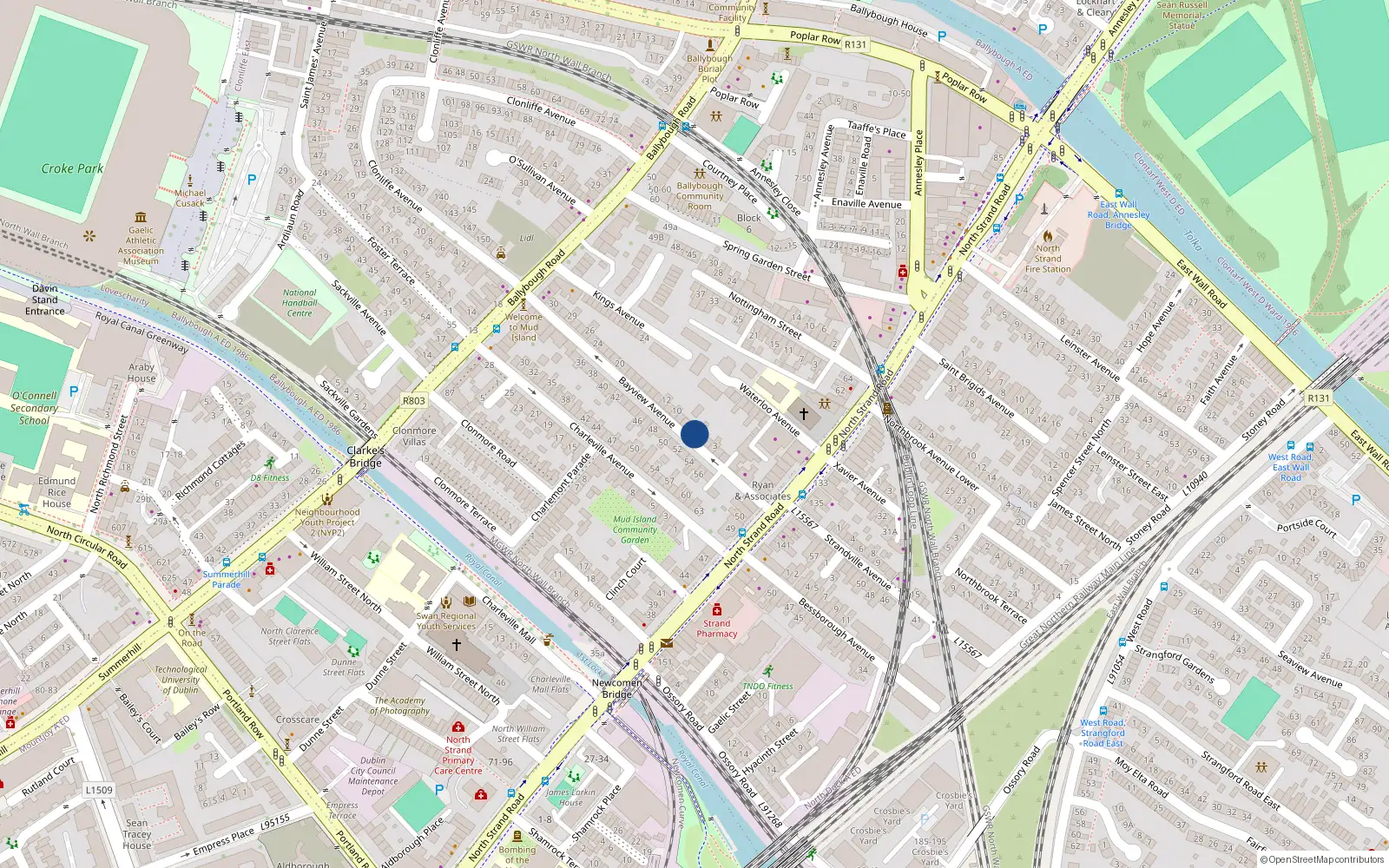 Overhead map showing the location of 6 Bayview Avenue, North Strand, Dublin 3