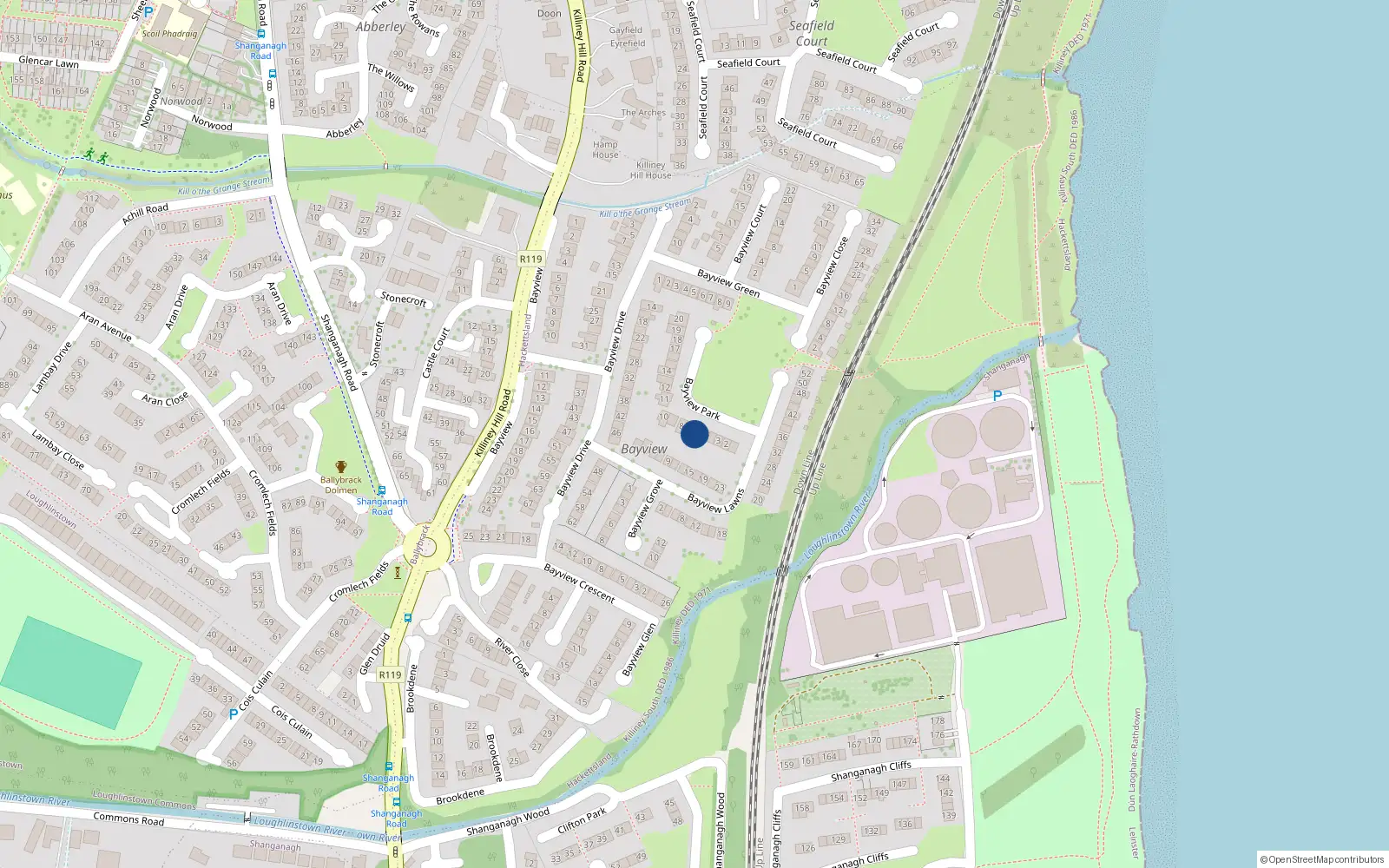 Overhead map showing the location of 6 Bayview Park, Killiney