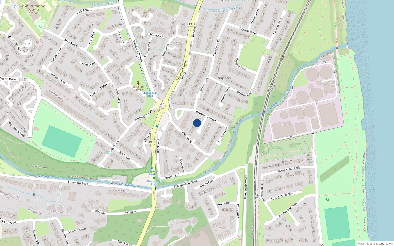 Overhead map showing the location of 6 Bayview Rise, Killiney