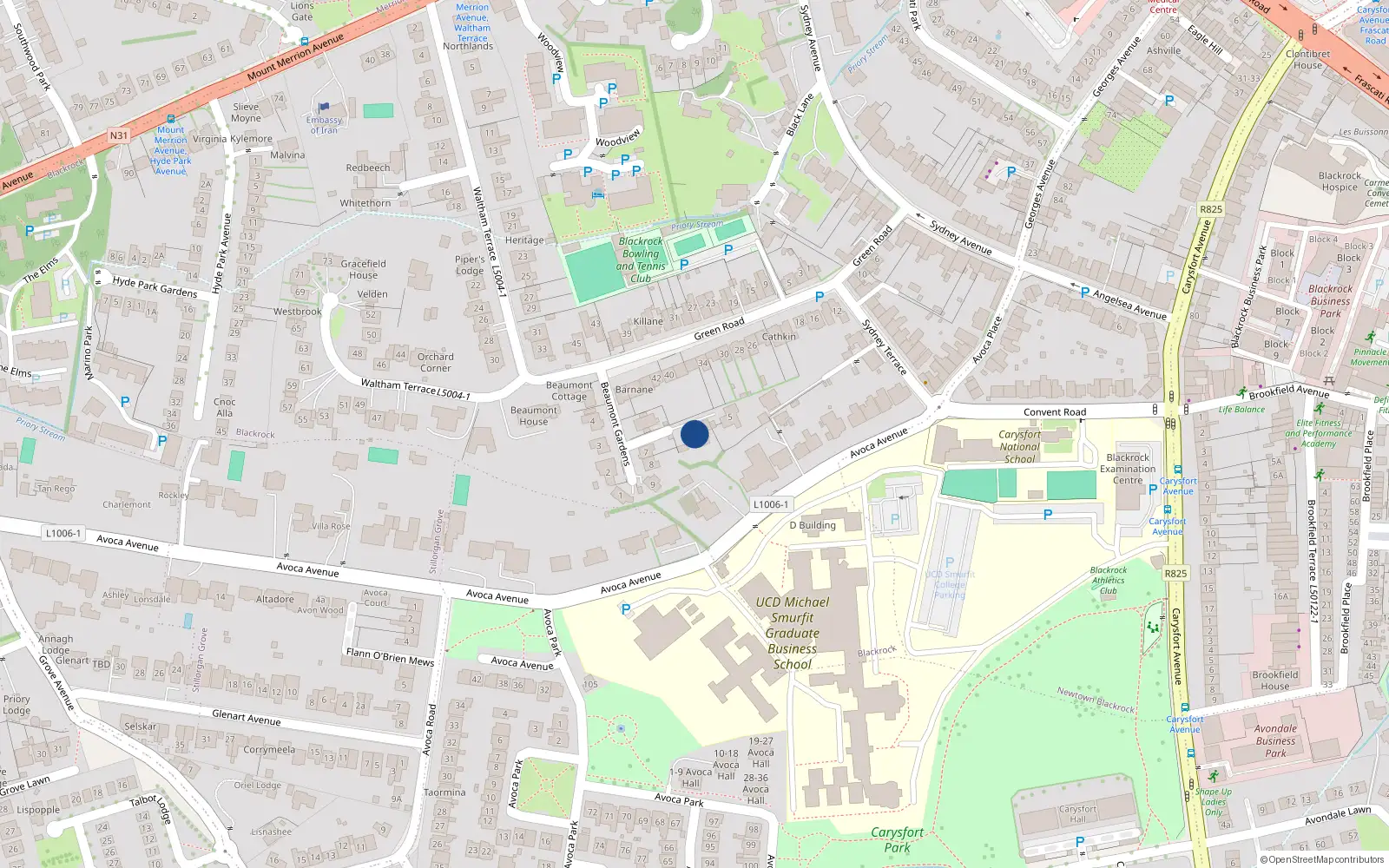 Overhead map showing the location of 6 Beaumont Gardens, Blackrock, Dublin