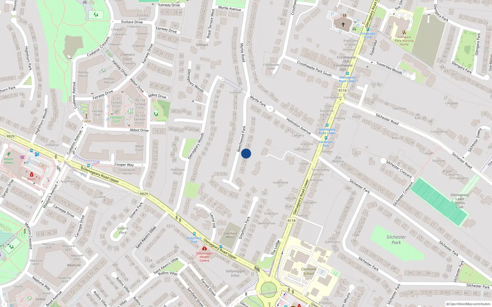 Overhead map showing the location of 6 Beechwood Park, Glenageary, Dun Laoghaire
