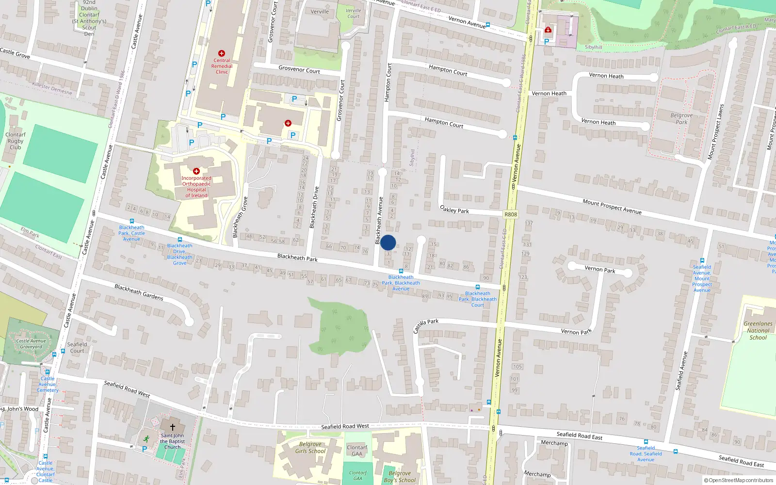 Overhead map showing the location of 6 Blackheath Court, Clontarf, Dublin 3