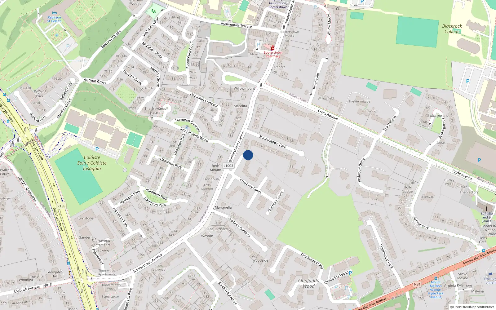 Overhead map showing the location of 6 Booterstown Avenue, Blackrock