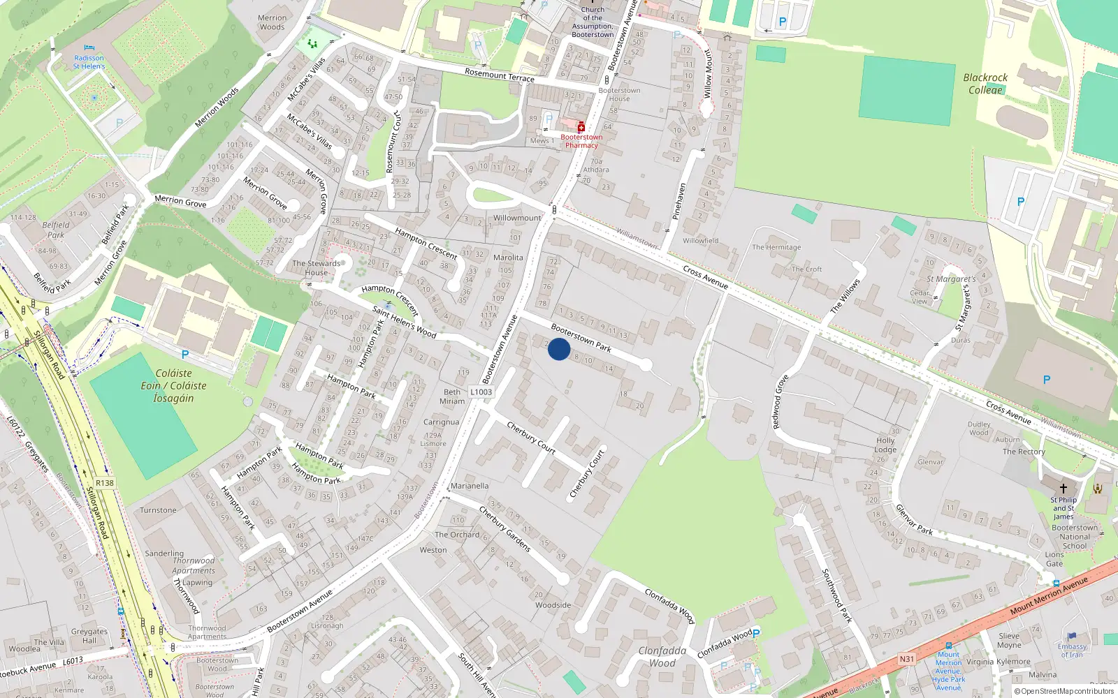 Overhead map showing the location of 6 Booterstown Park, Blackrock