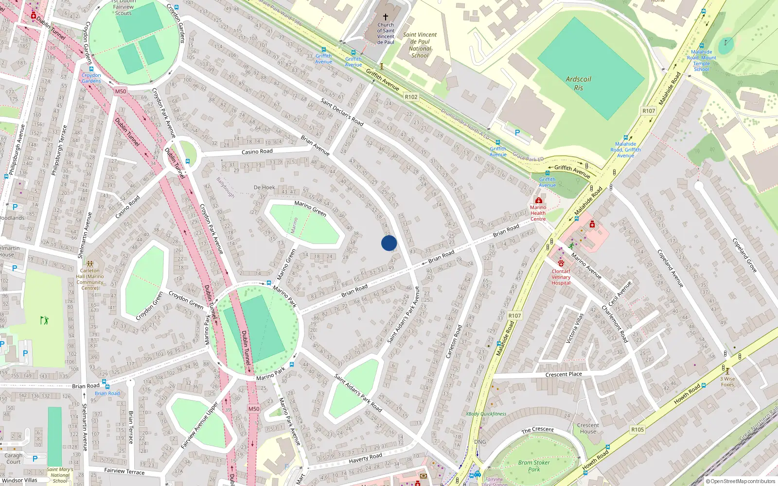 Overhead map showing the location of 6 Brian Avenue, Marino, Dublin 3