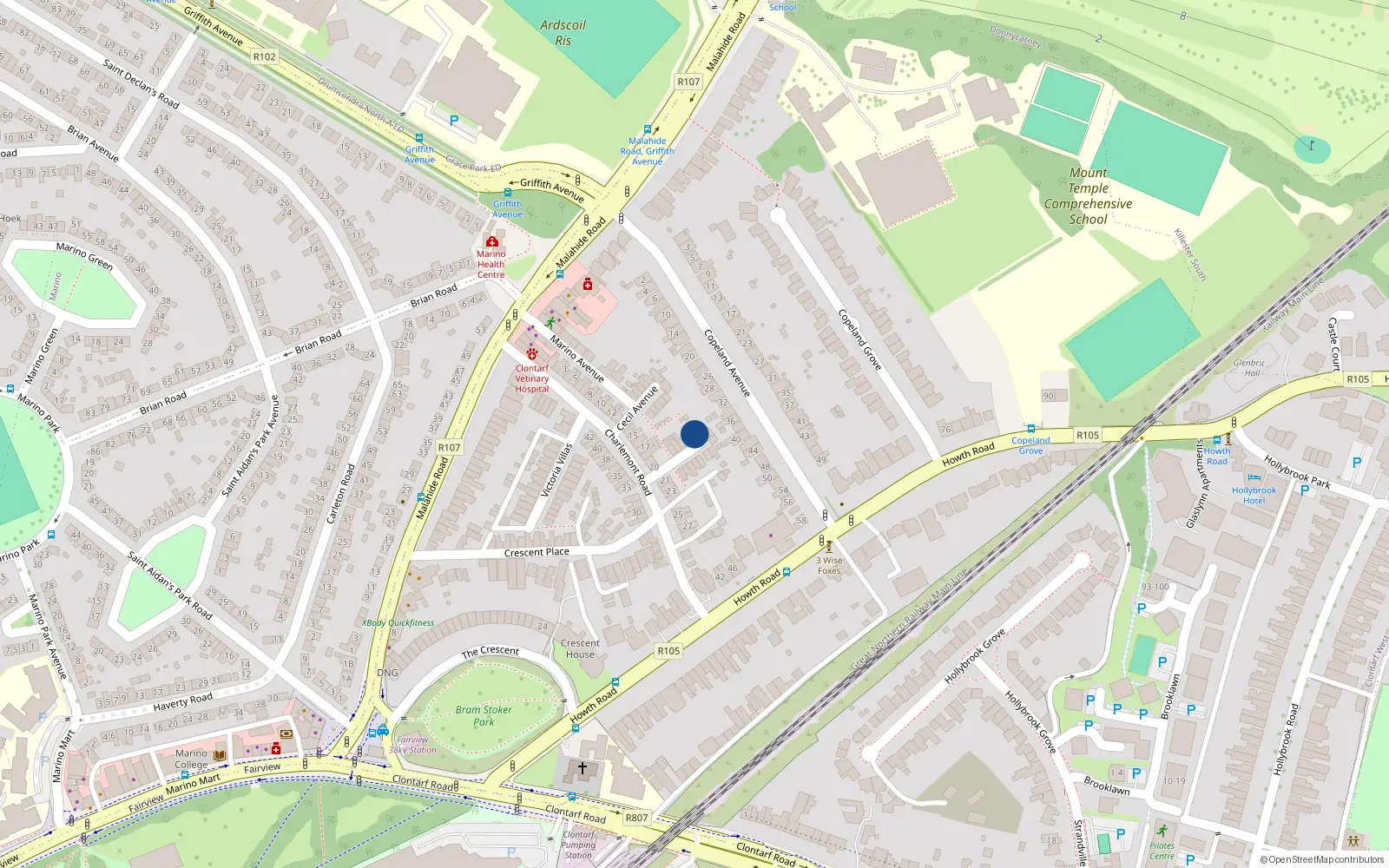 Overhead map showing the location of 6 Brighton Avenue, Clontarf, Dublin 3