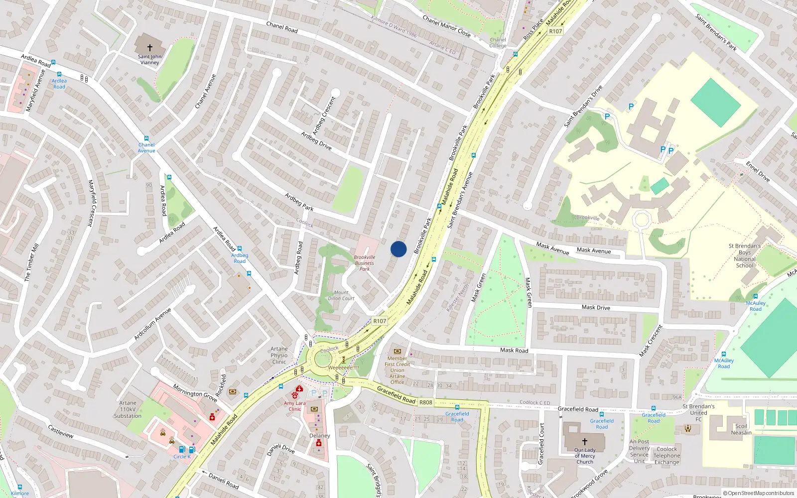 Overhead map showing the location of 6 Páirc Bhaile an tSrutháin, Dublin 5