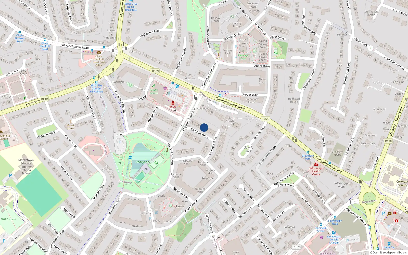 Overhead map showing the location of 6 Carnegie Drive, Dun Laoghaire