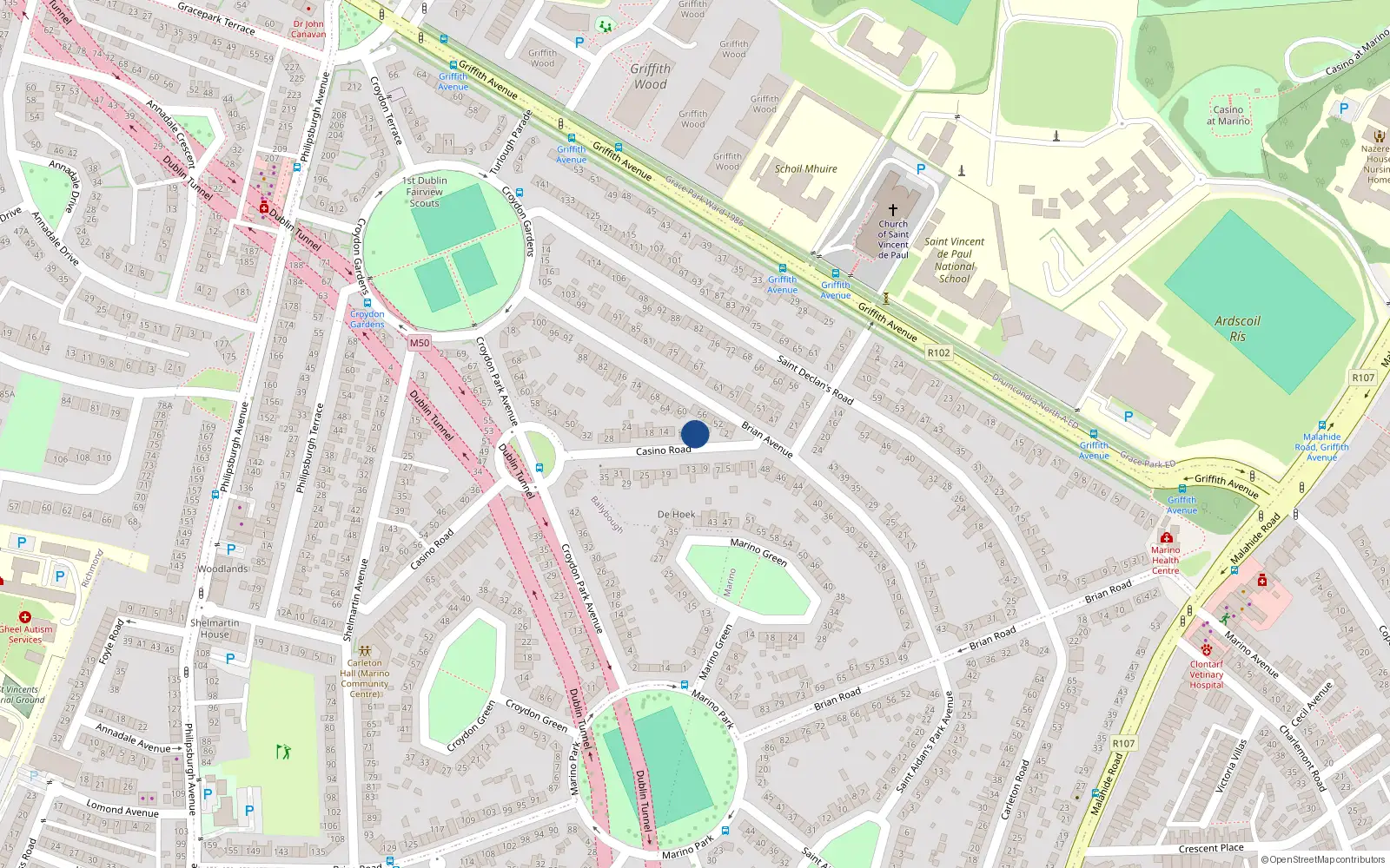 Overhead map showing the location of 6 Casino Road, Dublin 3