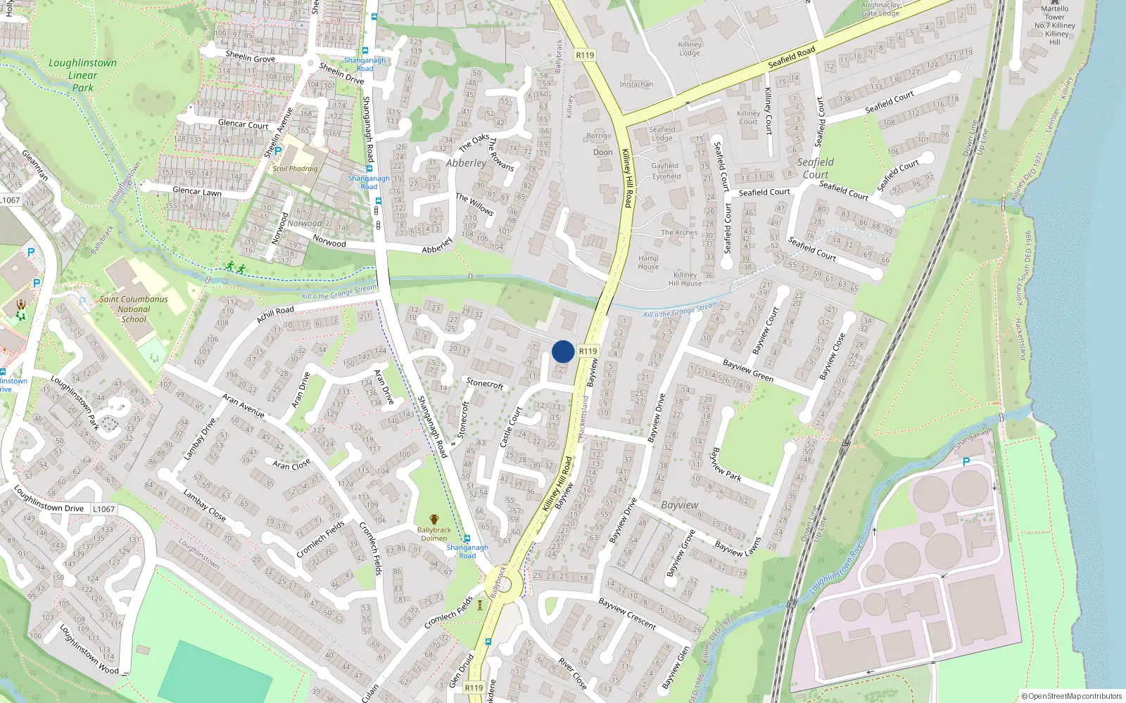 Overhead map showing the location of 6 Castle Court, Killiney