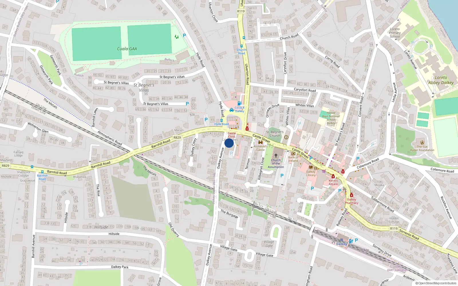 Overhead map showing the location of 6 Castle Mews, Castle St, Dalkey