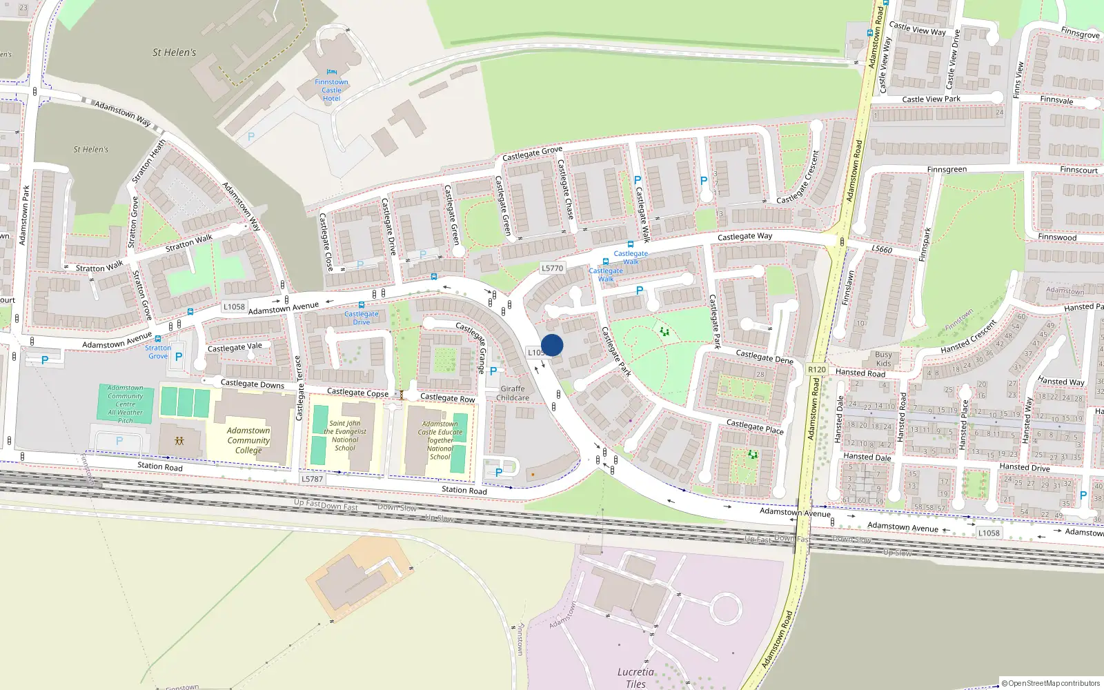 Overhead map showing the location of 6 Castlegate Court, Adamstown, Lucan