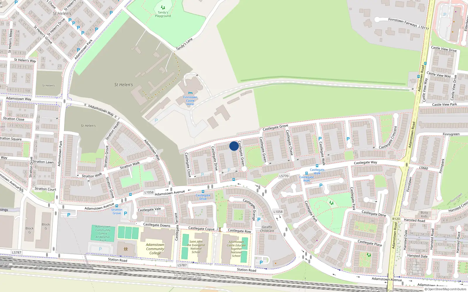 Overhead map showing the location of 6 Castlegate Green, Adamstown Castle, Adamstown