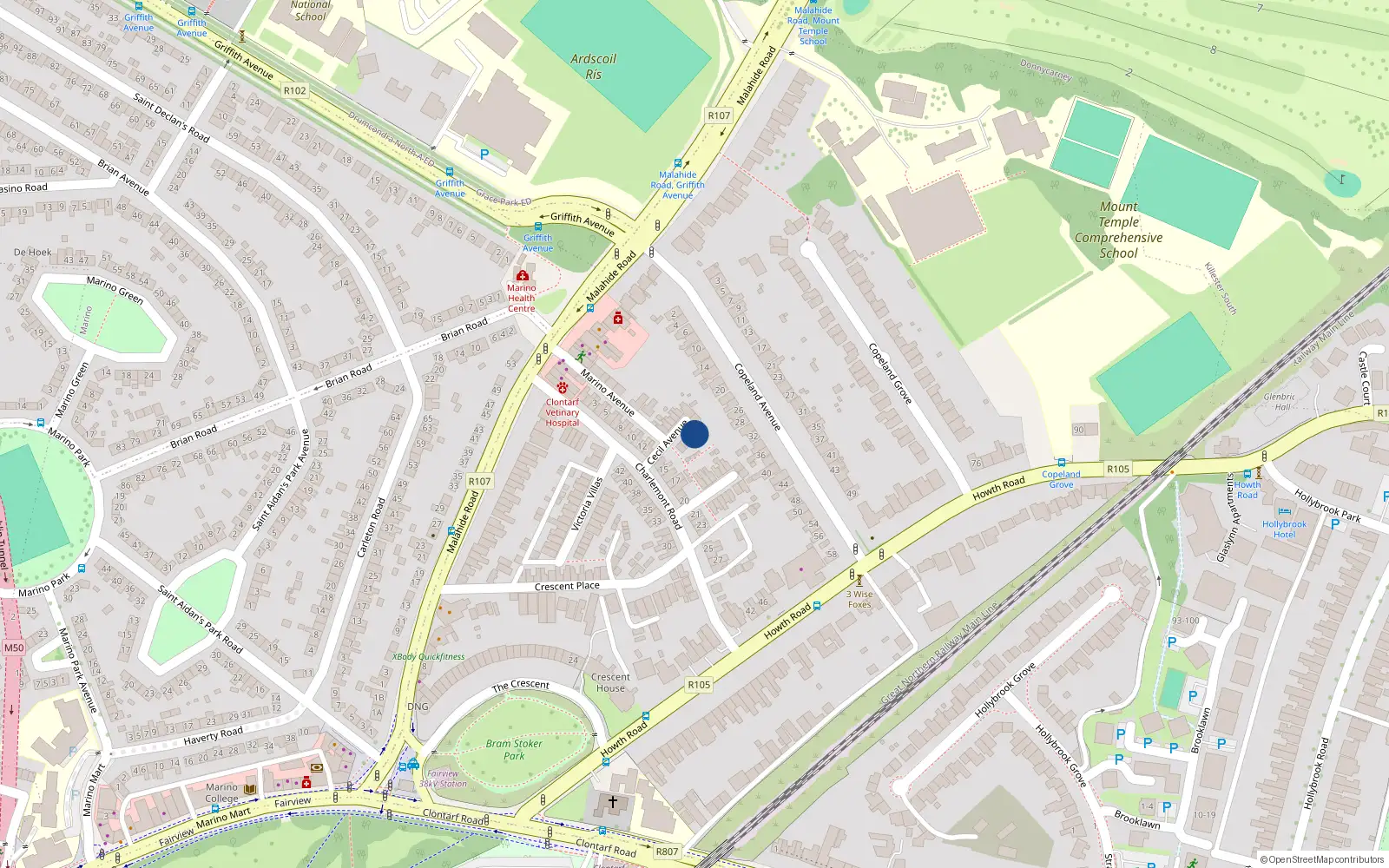 Overhead map showing the location of 6 Cecil Avenue, Clontarf, Dublin 3