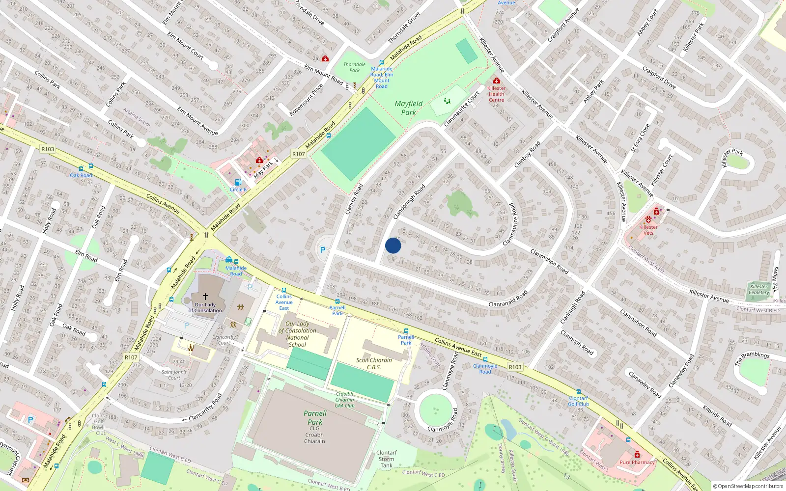 Overhead map showing the location of 6 Clandonagh Road, Donnycarney, Dublin 5