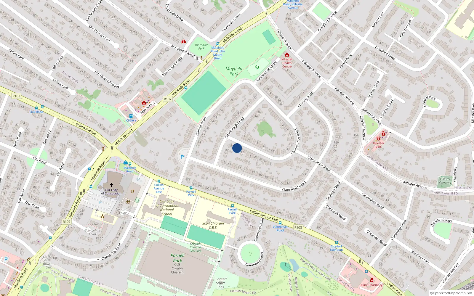 Overhead map showing the location of 6 Clanmaurice Road, Dublin 5