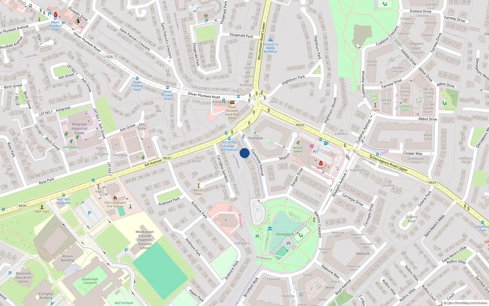 Overhead map showing the location of 6 Claremont Avenue, Dun Laoghaire
