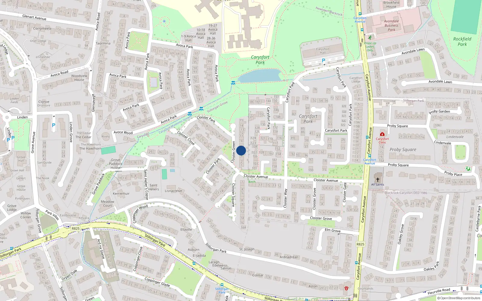 Overhead map showing the location of 6 Cloisters Green, Carysfort Avenue, Blackrock