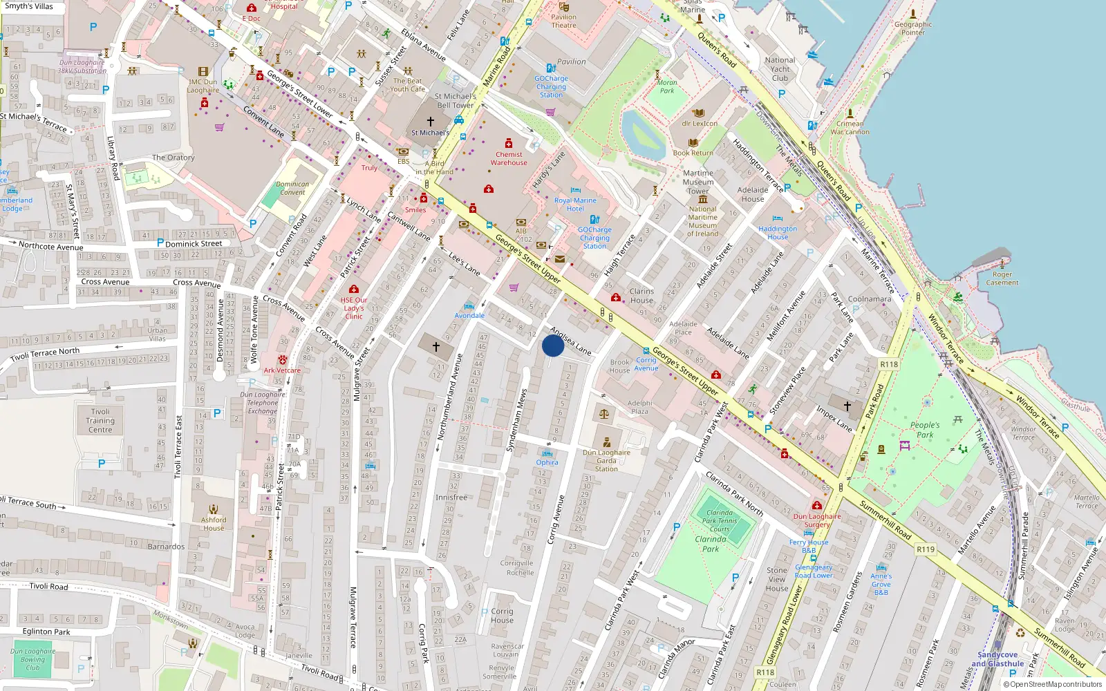 Overhead map showing the location of 6 Corrig Avenue, Dublin