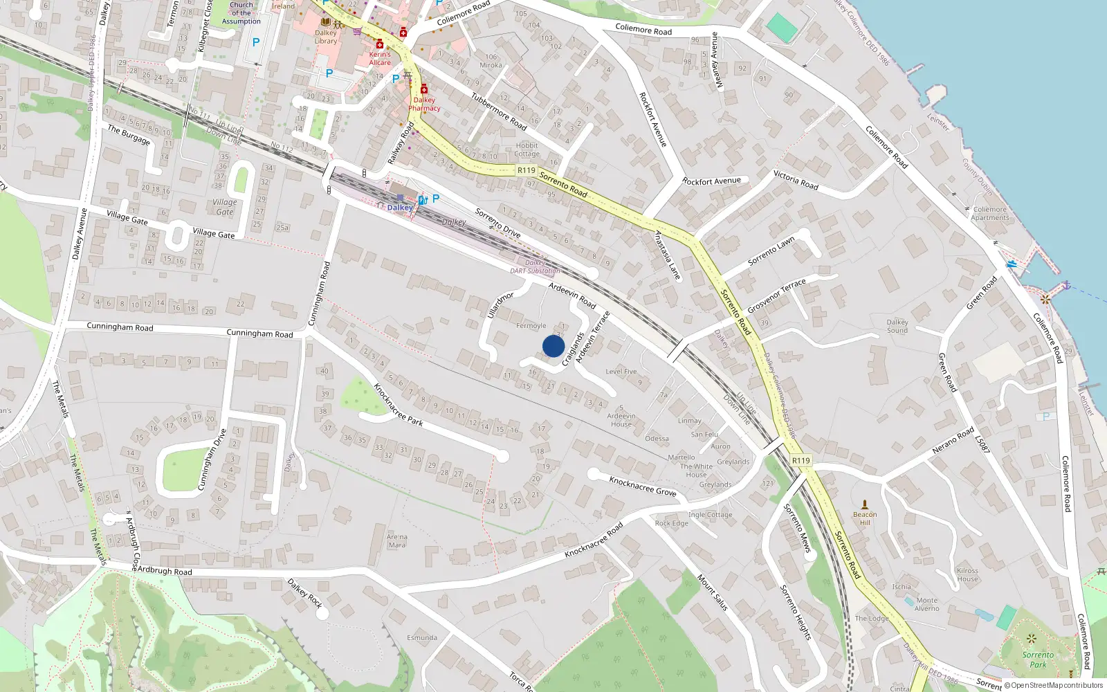 Overhead map showing the location of 6 Craiglands, Dalkey