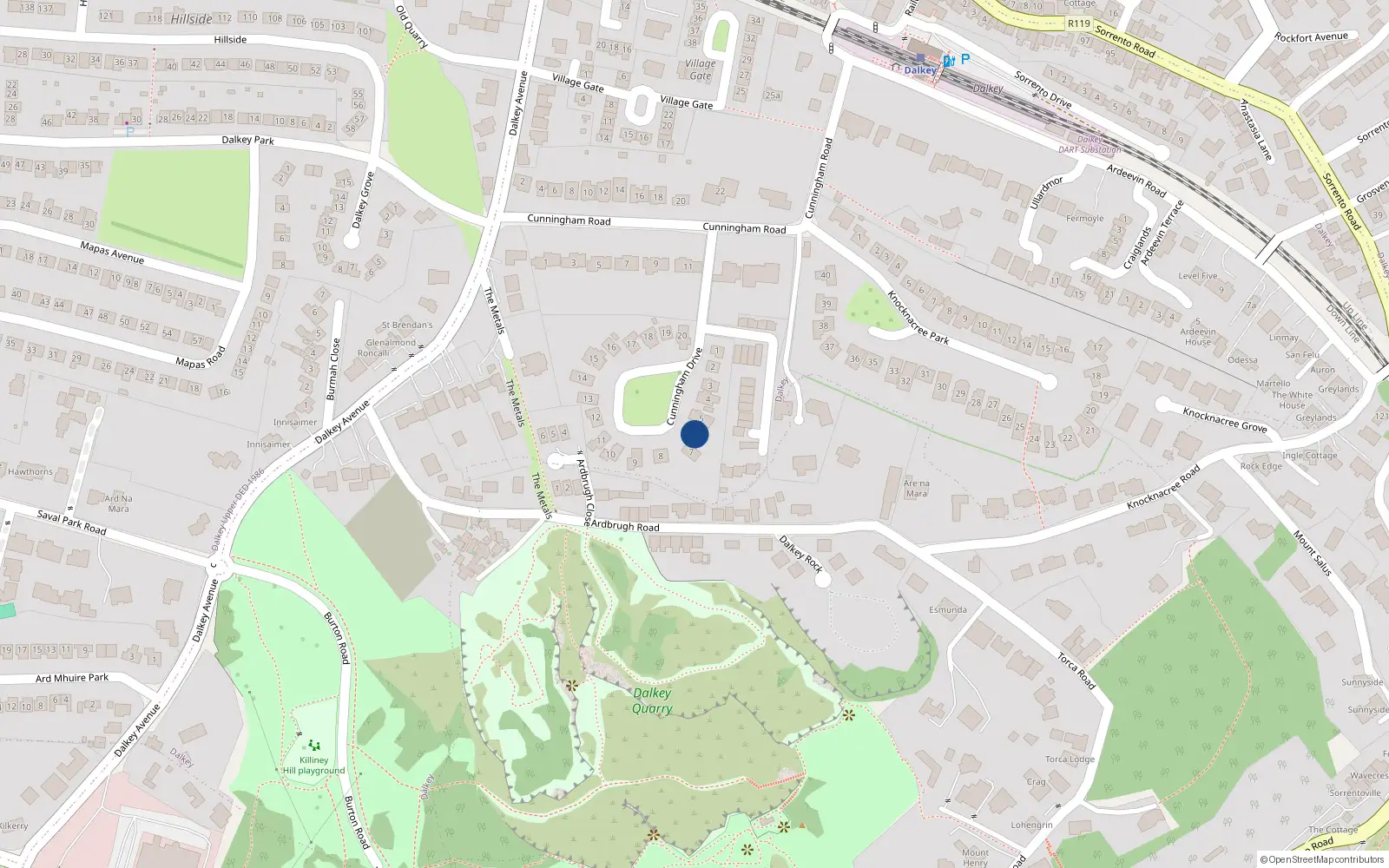 Overhead map showing the location of 6 Cunningham Drive, Dalkey