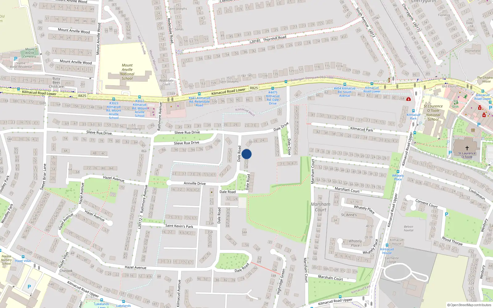 Overhead map showing the location of 6 Dale Road, Dublin