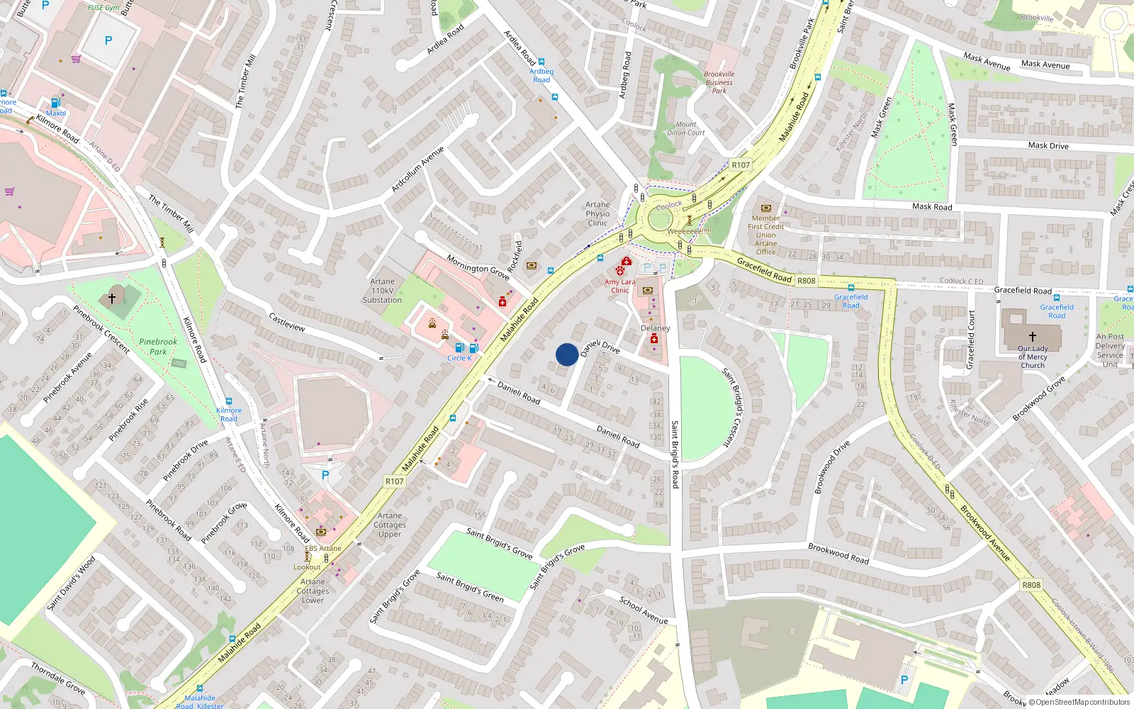 Overhead map showing the location of 6 Danieli Drive, Malahide Road, Artane Dublin 5