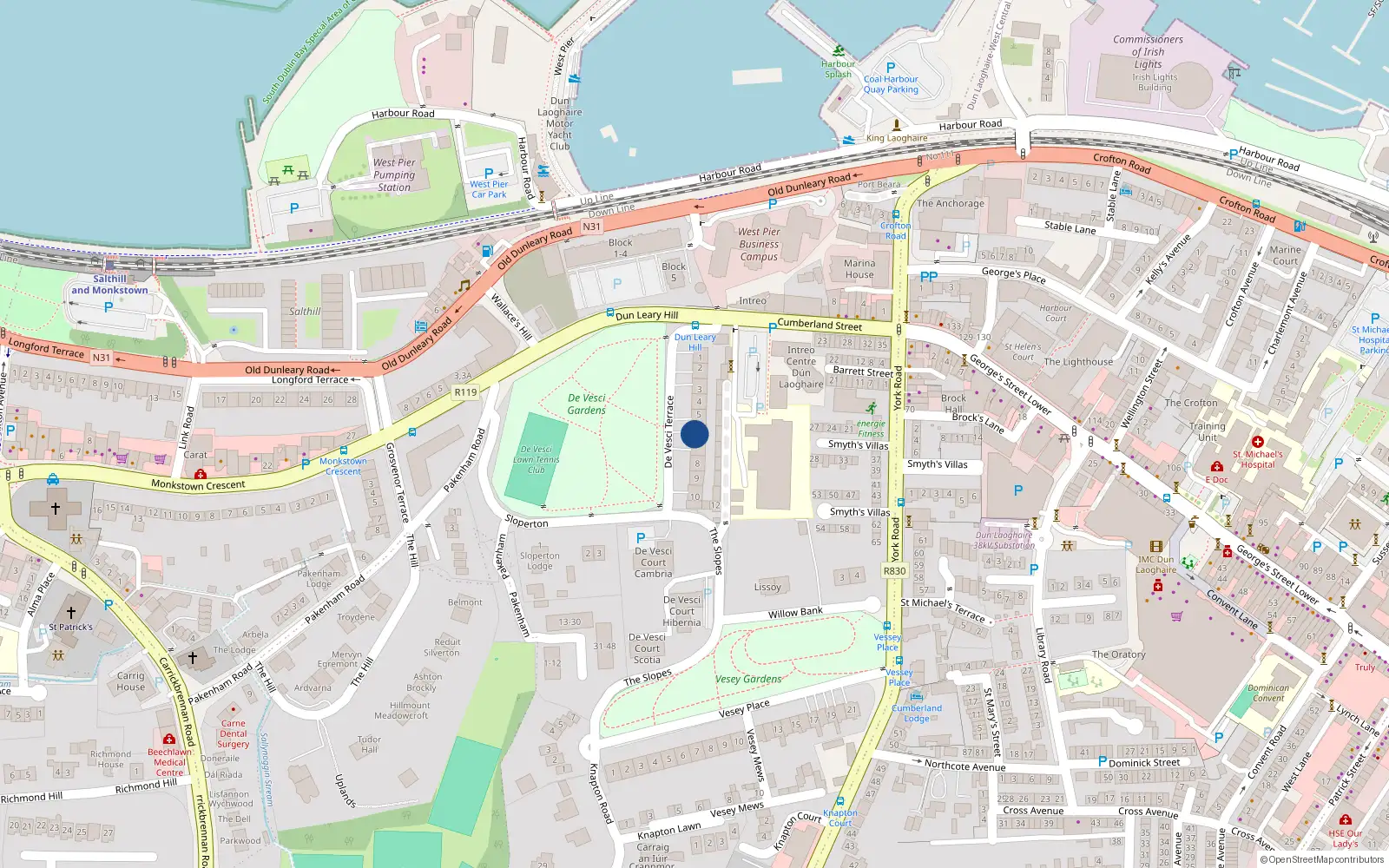 Overhead map showing the location of 6 de Vesci Terrace, Glenageary, Dun Laoghaire