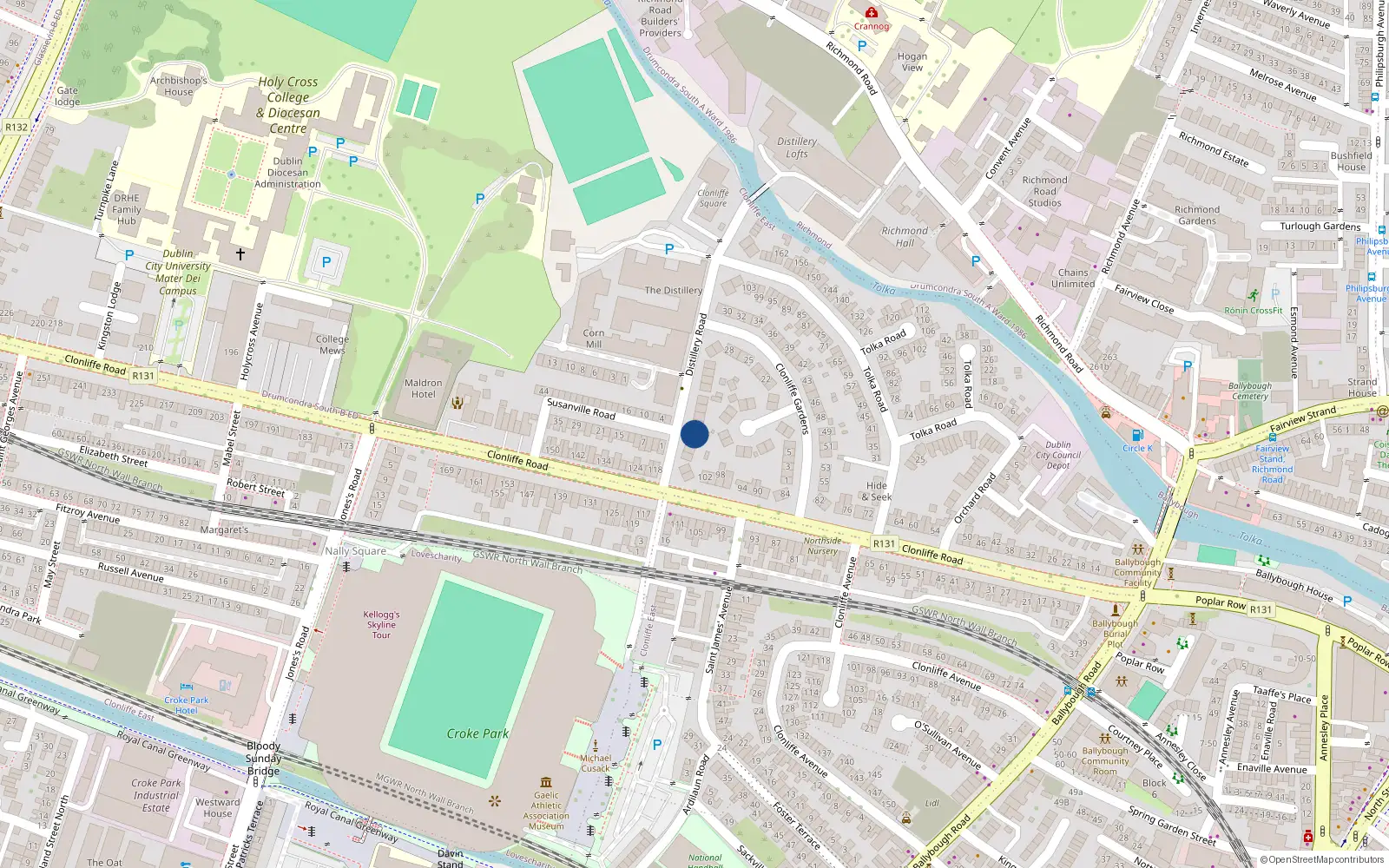 Overhead map showing the location of 6 Distillery Road, Dublin 3