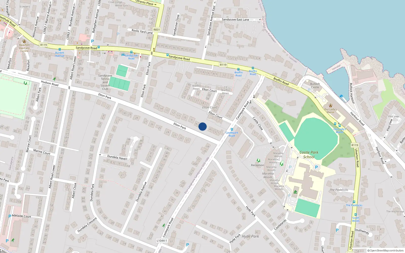 Overhead map showing the location of 6 Elton Park, Sandycove, Dublin