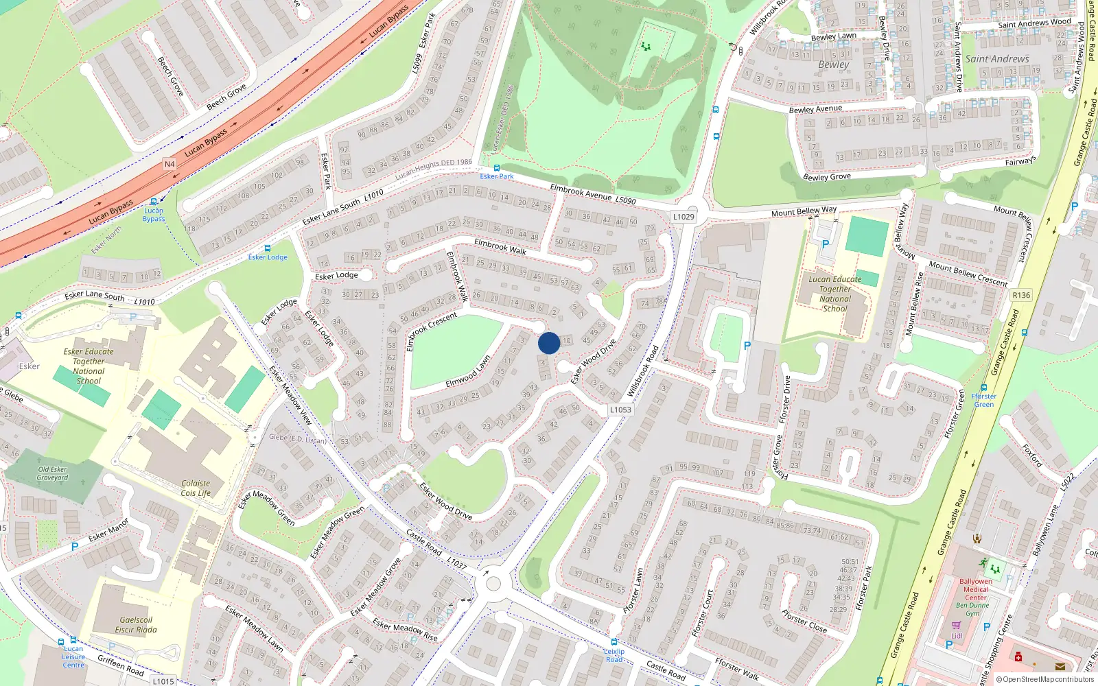 Overhead map showing the location of 6 Esker Wood Court, Lucan, Dublin