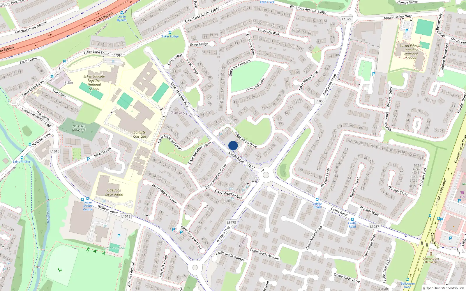 Overhead map showing the location of 6 Esker Woods Close, Lucan
