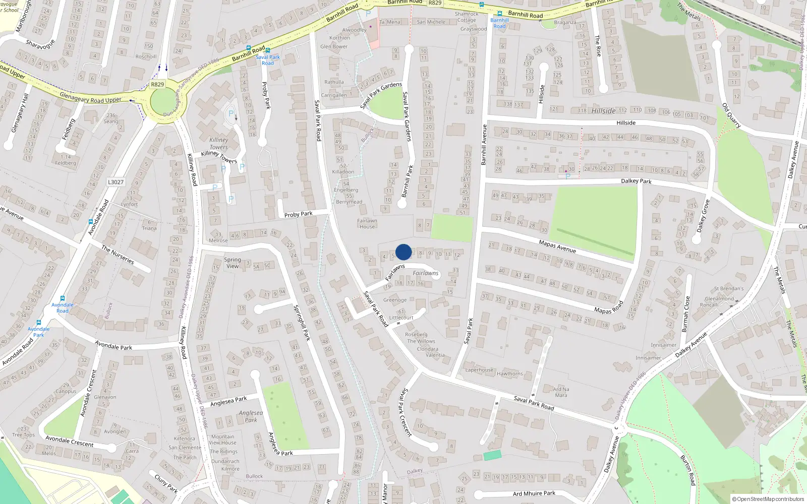 Overhead map showing the location of 6 Fairlawns, off