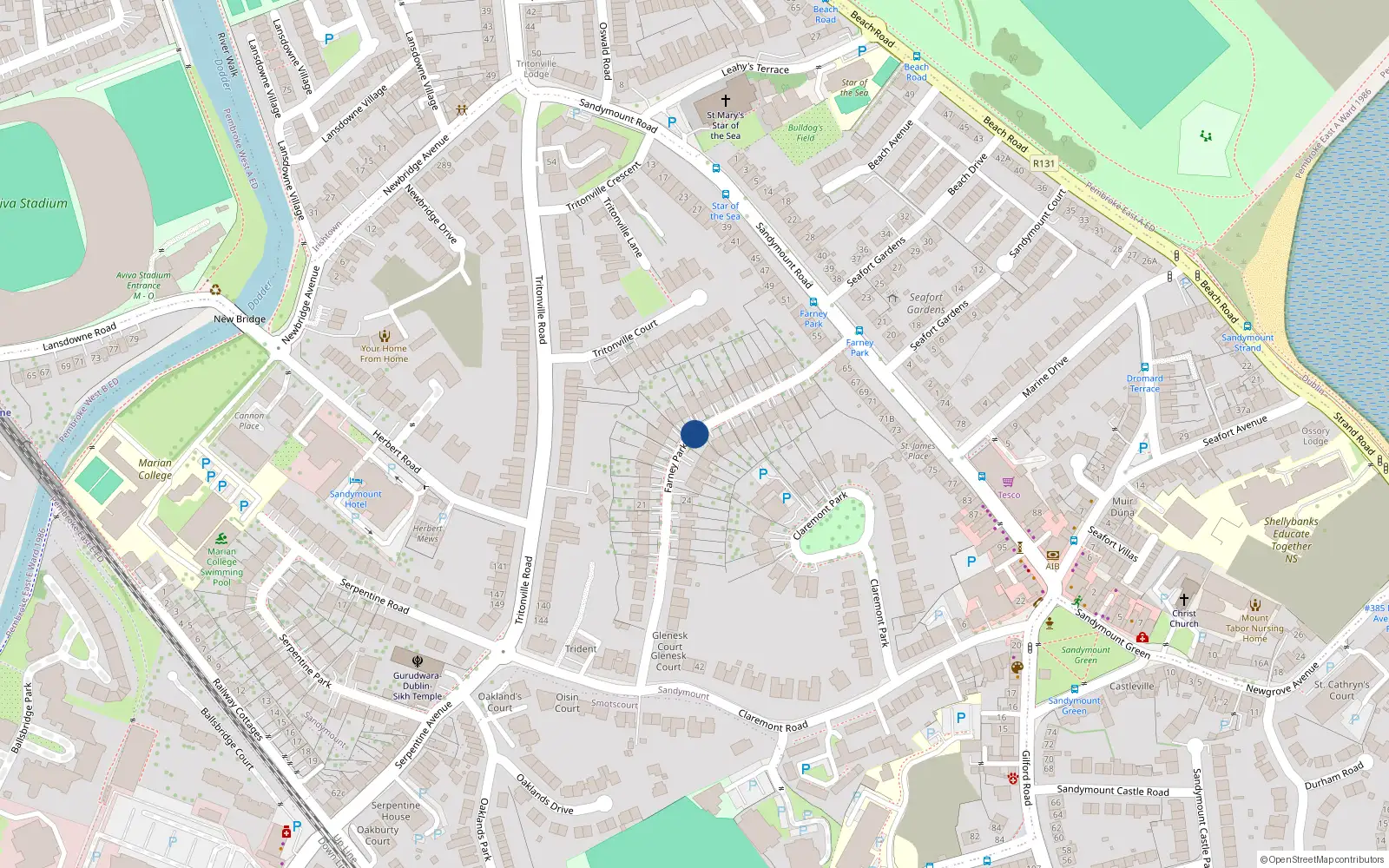 Overhead map showing the location of 6 Farney Park, Sandymount